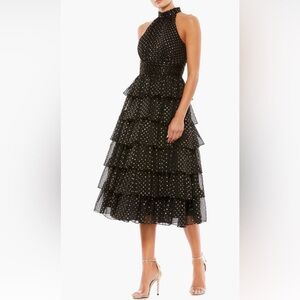 Mac Duggal 49510 Black Gold Metallic Polka Dot Halter Neck Tiered Midi Dress NWT